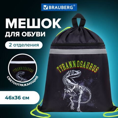 Мешок для обуви BRAUBERG, с петлей, светоотражающая полоса, 2 отделения, 46х36 см, Tyrannosaur, 272399 - фото 8
