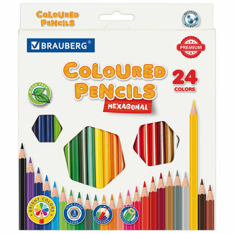 Карандаши цветные BRAUBERG PREMIUM, 24 цвета, шестигранные, грифель 3 мм, 181668 - фото 1