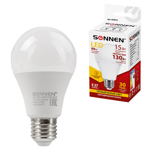 Лампа светодиодная SONNEN, 15 (130) Вт, цоколь Е27, груша, теплый белый, 30000 ч, LED A65-15W-2700-E27, 454919 - фото 1