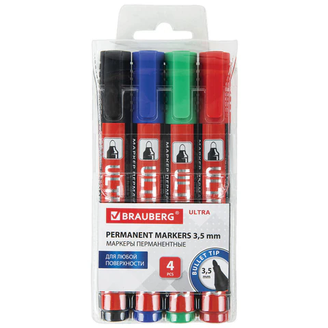 Маркеры перманентные BRAUBERG ULTRA MARKER, НАБОР 4 ЦВЕТА, круглый наконечник 3,5 мм, 152208 - фото 2