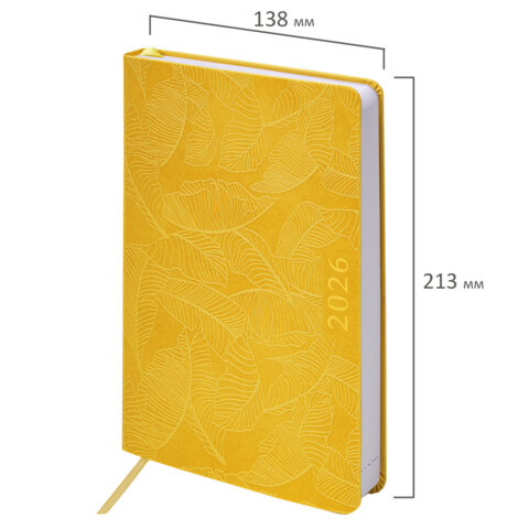 Ежедневник датированный 2026 А5 138x213 мм, BRAUBERG "Foliage", под кожу, гибкий, желтый, 117130 - фото 2