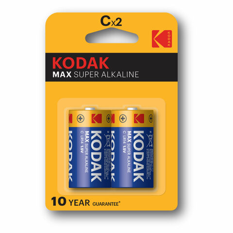Батарейки алкалиновые КОМПЛЕКТ 2 шт., KODAK Max Super Alkaline, C (LR14, 14А), блистер, Б0005123 - фото 1