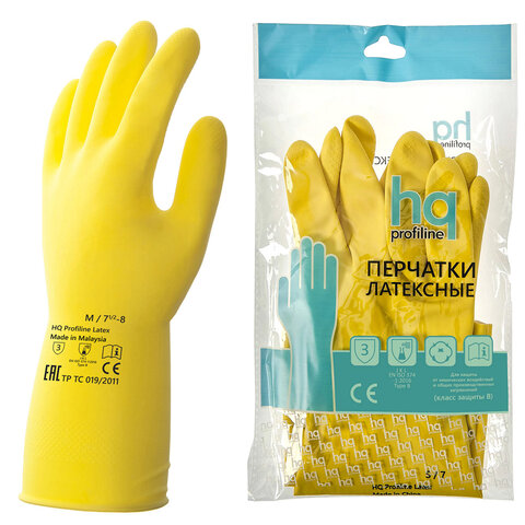 Перчатки латексные КЩС, сверхпрочные, плотные, хлопковое напыление, размер 7,5-8, M (средний), желтые, HQ Profiline, 73584 - фото 1
