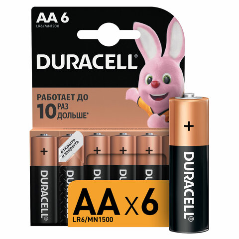 Батарейки КОМПЛЕКТ 6 шт., DURACELL Basic ОРИГИНАЛ, АА (LR6,15А), алкалиновые, пальчиковые, Б0014859 - фото 1