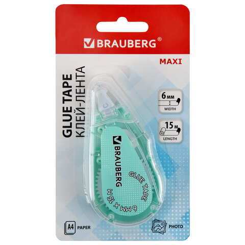 Клей-лента BRAUBERG MAXI, 6 мм х 15 м, корпус зеленый, блистер, 273029 - фото 1