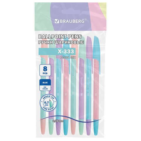 Ручки шариковые BRAUBERG "X-333 PASTEL MIX", НАБОР 8 ШТУК, СИНИЕ, узел 0,7 мм, линия письма 0,35 мм, 144535 - фото 1