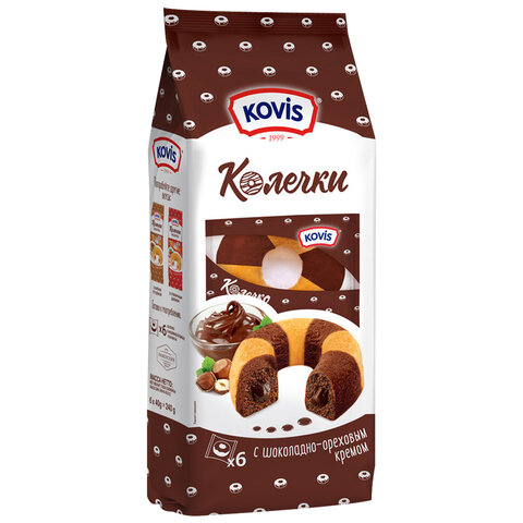 Пирожное бисквитное KOVIS "Колечки с шоколадно-ореховым кремом", 240 г, пакет, 7453 - фото 1