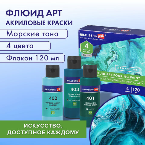 Краски акриловые для техники "Флюид Арт" (POURING PAINT), 4 цвета по 120 мл, Морские тона, BRAUBERG ART, 192240 - фото 8