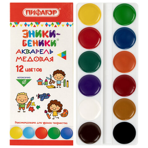Краски акварельные медовые ПИФАГОР "ЭНИКИ-БЕНИКИ NEW", 12 цветов, картонная коробка, 192846 - фото 2