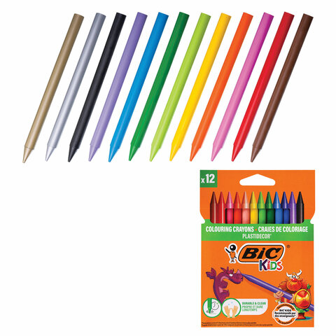Мелки пластиковые BIC "Plastidecor", 12 цветов, ультрапрочные, круглые, картонная упаковка, подвес, 945764 - фото 2