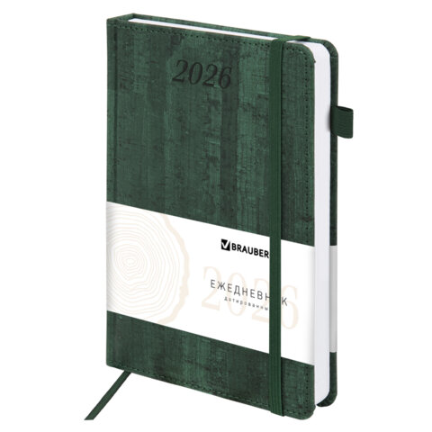 Ежедневник датированный 2026 А5 138x213 мм, BRAUBERG "Wood", под кожу, держатель для ручки, зеленый, 117109 - фото 1