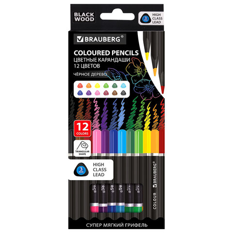 Карандаши цветные чёрное дерево BRAUBERG BLACK WOOD, 12 цветов, трехгранные, мягкий грифель 3 мм, 181948 - фото 1