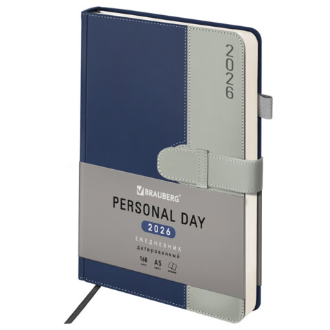 Ежедневник датированный 2026, А5, 138х213 мм, BRAUBERG "Esthetic", под кожу, держатель для ручки, застежка, синий/серый, 117373 - фото 1