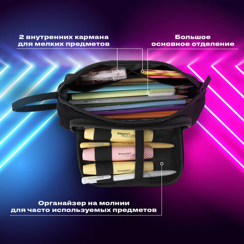 Пенал-косметичка BRAUBERG с ручкой, 1 откидная планка, полиэстер, 22x10х8 см, Black, 272339 - фото 12