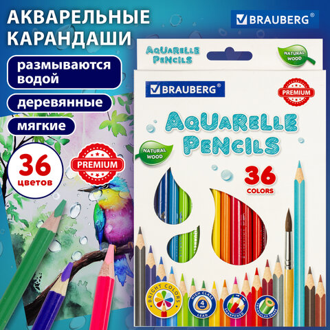 Карандаши цветные акварельные BRAUBERG PREMIUM AQUARELLE, 36 цветов, трехгранные, утолщенный грифель 4 мм, натуральное дерево, 181674 - фото 11