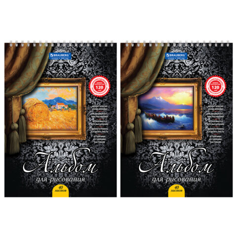 Альбом для рисования, А4, 40 листов, гребень, выборочный лак, подложка, 120 г/м2, BRAUBERG, 205х290 мм, "Картина" (2 вида), 102834 - фото 1