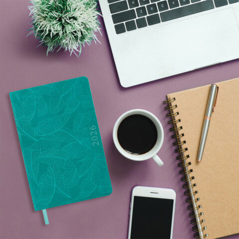 Ежедневник датированный 2026 А5 138x213 мм, BRAUBERG "Foliage", под кожу, гибкий, бирюзовый, 117127 - фото 5