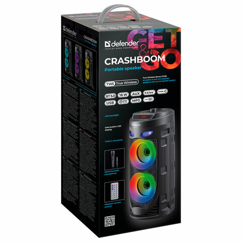 Колонка портативная DEFENDER Crashboom, 16 Вт, 1800 мАч, Bluetooth, FM, Type-C, черная, 65085 - фото 14