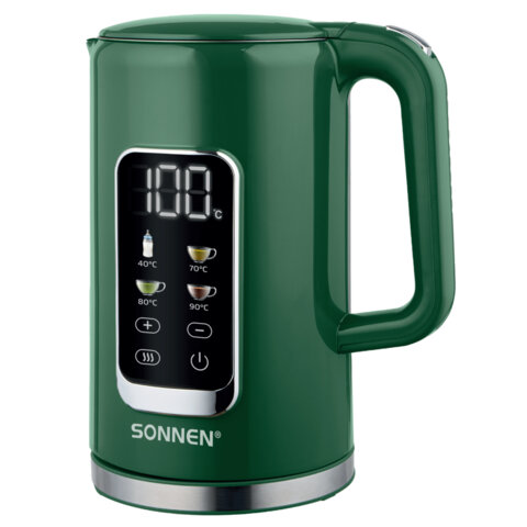 Чайник с терморегулятором и дисплеем, ДВОЙНЫЕ СТЕНКИ, SONNEN KT-8723EG, 1,7 л, 2200 Вт, изумрудный, 454689 - фото 1