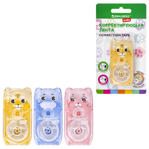 Корректирующая лента BRAUBERG KIDS "ЗВЕРЯТА", 5 мм х 8 м, механизм перемотки, корпус ассорти, блистер, 272499 - фото 1