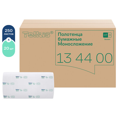 Полотенца бумажные 250 шт., Tellus/TORK (H3) Баланс, КОМПЛЕКТ 20 пачек, 23х20,6 см, V-сложение, 134400 - фото 1