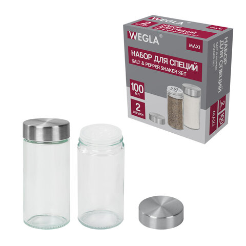 Набор для специй 2х100 мл, MAXI, солонка + перечница, стекло/сталь, круглые, WEGLA (ВЕГЛА), 700230 - фото 1
