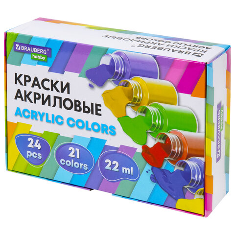 Краски акриловые художественные 24 шт., 21 цвет в банках по 22 мл, BRAUBERG HOBBY, 192412 - фото 1