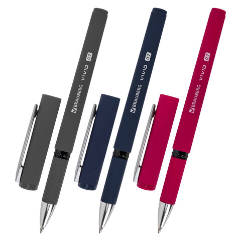Ручки шариковые с грипом BRAUBERG "VIVID", НАБОР 3 ШТУКИ, СИНИЕ, SOFT TOUCH покрытие, узел 0,7 мм, линия письма 0,35 мм, 144401 - фото 2