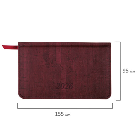 Еженедельник датированный 2026 МАЛЫЙ ФОРМАТ 95х155 мм, А6, BRAUBERG "Wood", под кожу, бордо, 117196 - фото 2