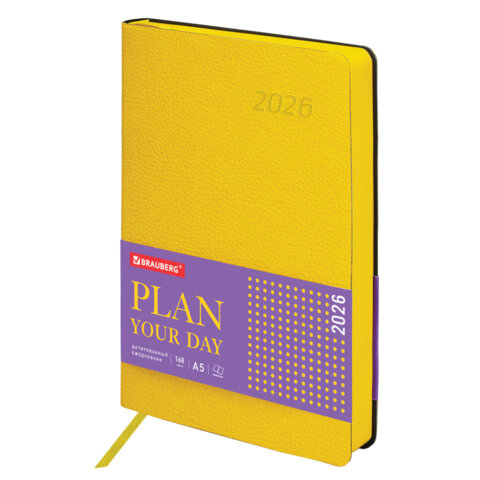 Ежедневник датированный 2026 А5 138x213 мм, BRAUBERG "Stylish", под кожу, гибкий, желтый, 117101 - фото 1