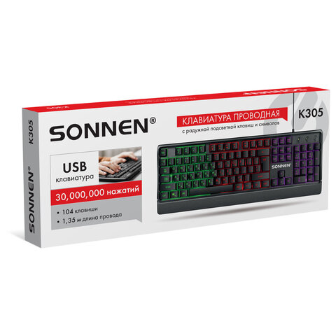 Клавиатура проводная USB, 104 клавиши, LED-подсветка, SONNEN K305, черная, 513948 - фото 8