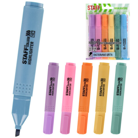 Набор текстовыделителей 6 ПАСТЕЛЬНЫХ ЦВЕТОВ, АССОРТИ, STAFF College "STICK PASTEL", линия письма 1-4 мм, скошенный наконечник, 152532 - фото 1