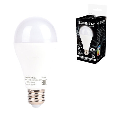 Лампа светодиодная SONNEN EXTRA, 25 (200) Вт, Е27, груша, нейтральный белый, 30000 ч, LED A65-25W-4000-Е27, 457901 - фото 1