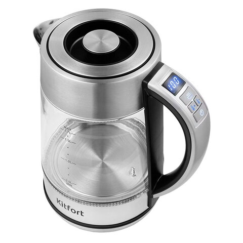 Чайник KITFORT КТ-690, 1,7 л, 2200 Вт, закрытый нагревательный элемент, LED дисплей, ТЕРМОРЕГУЛЯТОР, стекло, серебро - фото 1