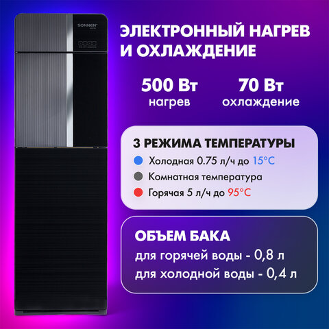 Кулер для воды SONNEN FSE-03BR, напольный, нагрев/охлаждение электронное, НИЖНЯЯ ЗАГРУЗКА, 3 крана, черный, 455754 - фото 11