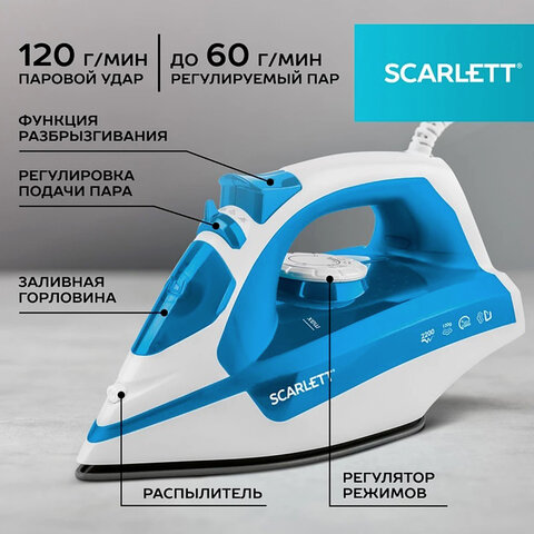Утюг SCARLETT SC-SI30P17, 2200 Вт, антипригарное покрытие, антинакипь, самоочистка, белый/синий - фото 7