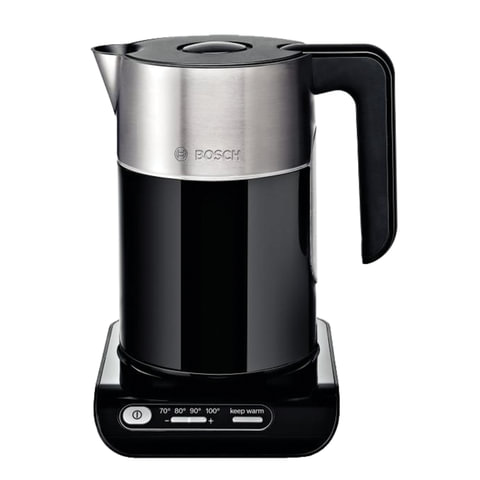 Чайник BOSCH TWK8613P, 1,5 л, 2400 Вт, закрытый нагревательный элемент, нержавеющая сталь, черный - фото 1