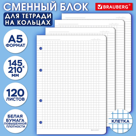 Сменный блок для тетради на кольцах А5 120 л., BRAUBERG, ПОВЫШЕННОЙ ПЛОТНОСТИ, белый, 403638 - фото 6