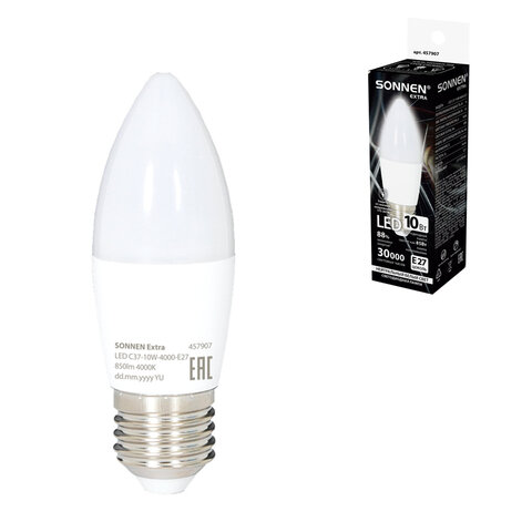 Лампа светодиодная SONNEN EXTRA, 10 (85) Вт, Е27, свеча, нейтральный белый, 30000 ч, LED C37-10W-4000-Е27, 457907 - фото 1