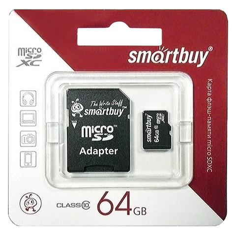 Карта памяти micro SDXC, 64 GB, SMARTBUY, 10 Мб/сек. (class 10), с адаптером, SB64GBSDCL10-01 - фото 2