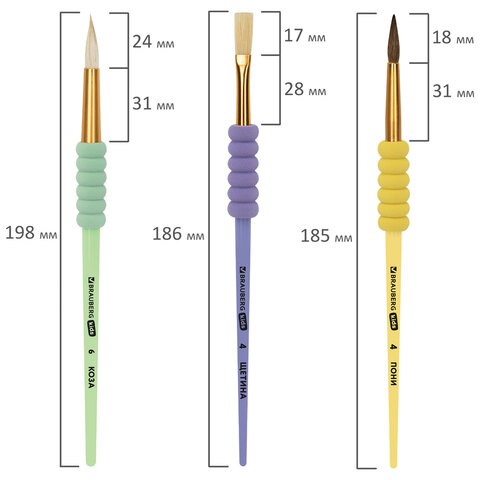 Кисти c EVA-вставкой НАБОР 5 шт. (ПОНИ круглые №1, 4; КОЗА круглые №3, 6; ЩЕТИНА плоская №4), BRAUBERG KIDS, 201091 - фото 8