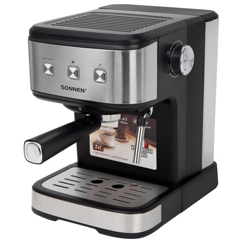 Кофеварка рожковая ручной капучинатор SONNEN CM8501, 1100 Вт, 1,5 л, 15 бар, черная/серебро, 456335 - фото 1
