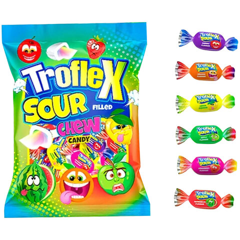 Конфеты жевательные с жидким центром TROFLEX SOUR "Ball", кислый микс 1000 г, ТУРЦИЯ, УТ-00002638 - фото 1