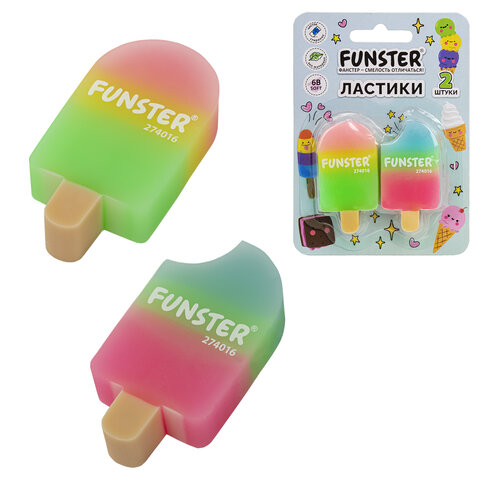 Ластик фигурный FUNSTER (ФАНСТЕР) "АЙСКРИМ", НАБОР 2 ШТУКИ, 55х29х12 мм, цвет ассорти, экологичный ПВХ, блистер, 274016 - фото 2