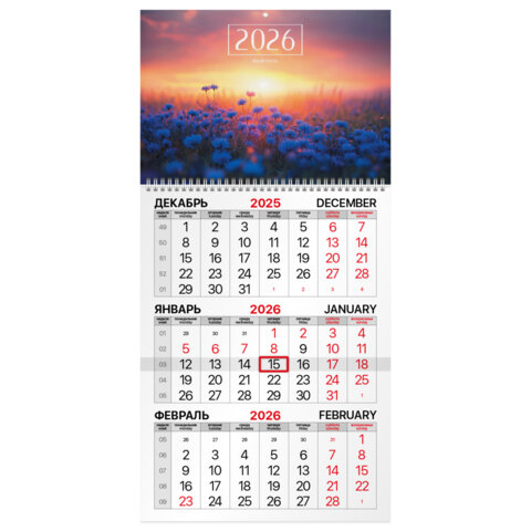 Календарь квартальный на 2026 г., 1 блок, 1 гребень, бегунок, мелованная бумага, BRAUBERG, "Васильковый луг", 116751 - фото 1