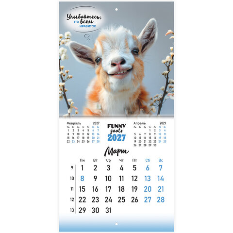 Календарь настенный перекидной 2027 г., BRAUBERG, 12 листов, 21,4х42,8 см, МИНИ, "Funny goats", 118432 - фото 7