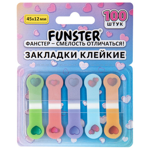 Закладки клейкие Z-сложения FUNSTER (ФАНСТЕР) "Сердечки", 45х12 мм, 100 шт. (5 цветов х 20 листов), в диспенсере, 116704 - фото 1