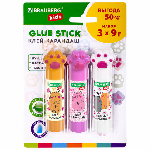 Клей-карандаш "Лапки" Cat Paw, 9 г, фигурный колпачок, 3 шт. на блистере, BRAUBERG KIDS, 271982 - фото 1