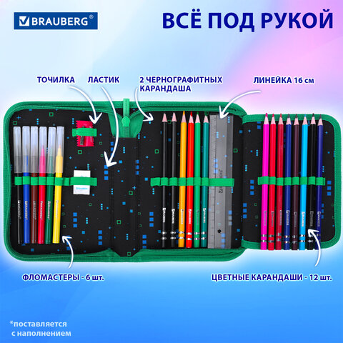 Пенал BRAUBERG с наполнением, 1 отделение, 1 откидная планка, 24 предмета, 21х14 см, "Space strike", 273534 - фото 10
