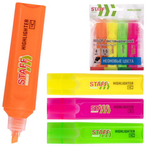 Набор текстовыделителей 4 НЕОНОВЫХ ЦВЕТА, STAFF "EVERYDAY HL-720", линия 1-5 мм, скошенный наконечник, 152555 - фото 1